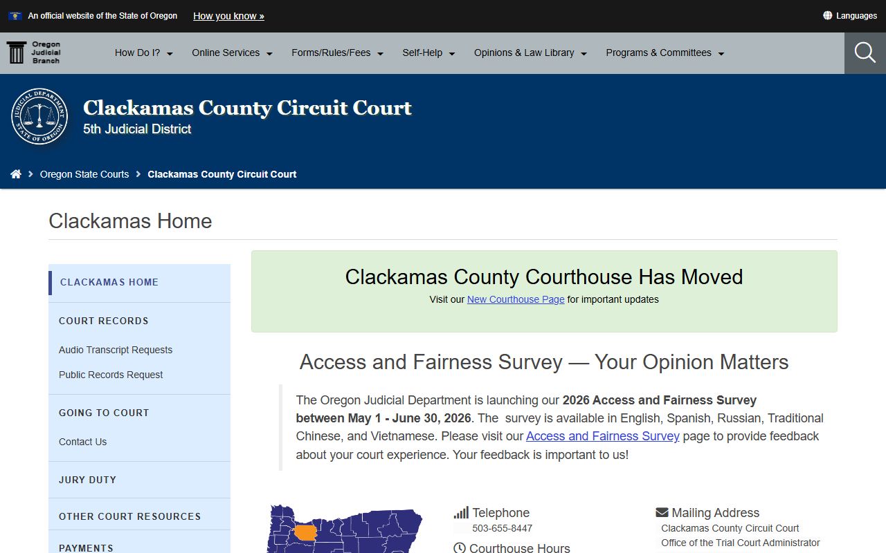 Clackamas County Circuit Court records home page