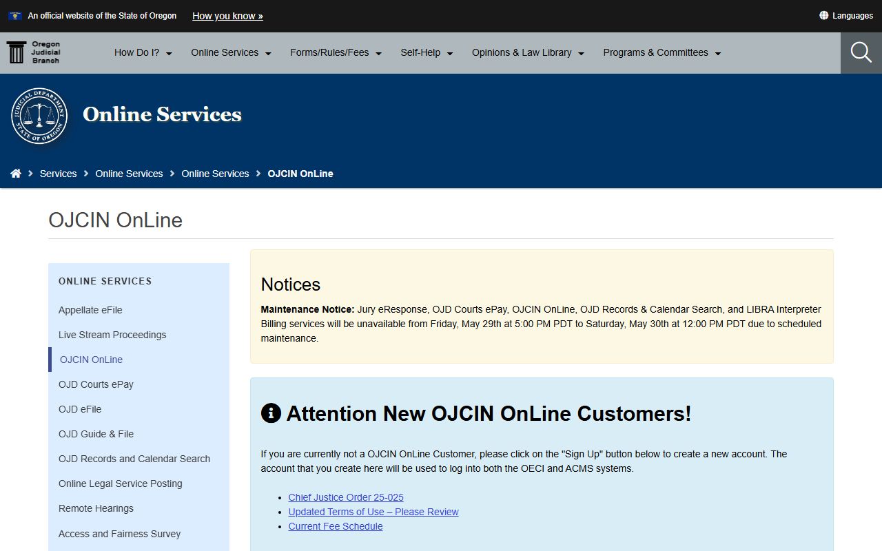 OJCIN Online subscription page for Clackamas County court records