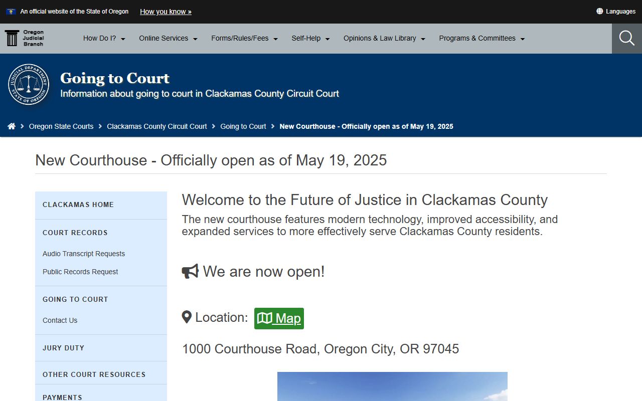 Clackamas County new courthouse page with court records access details