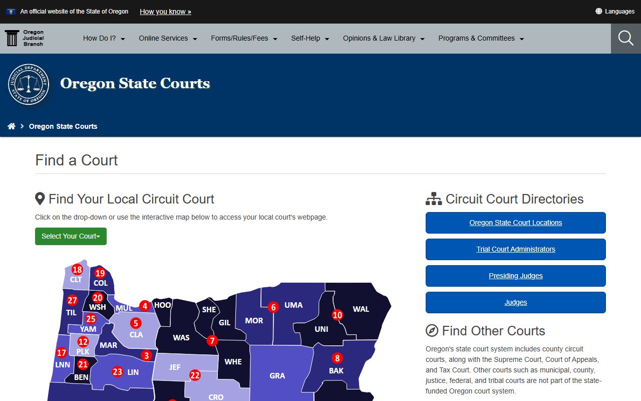 Oregon Find a Court page used for Clackamas County court records