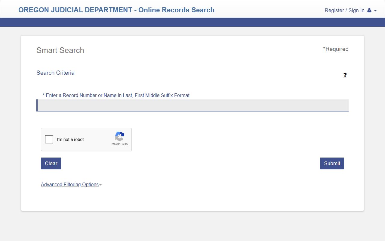 OJD Smart Search screen for Clackamas County court records