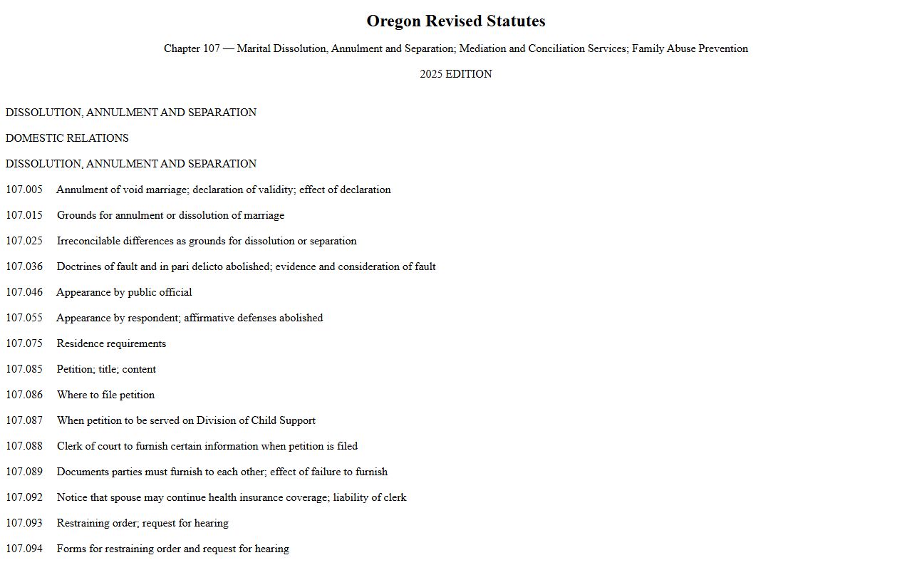 Oregon ORS Chapter 107 divorce law for Clackamas County divorce records