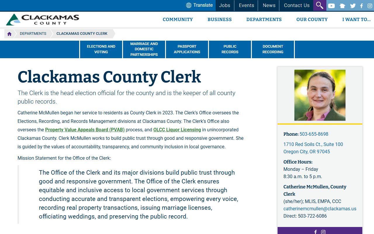 Clackamas County Clerk page with divisions and recording roles