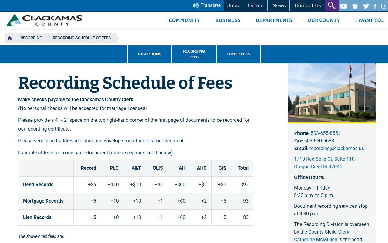 Clackamas County Recording Division fee schedule