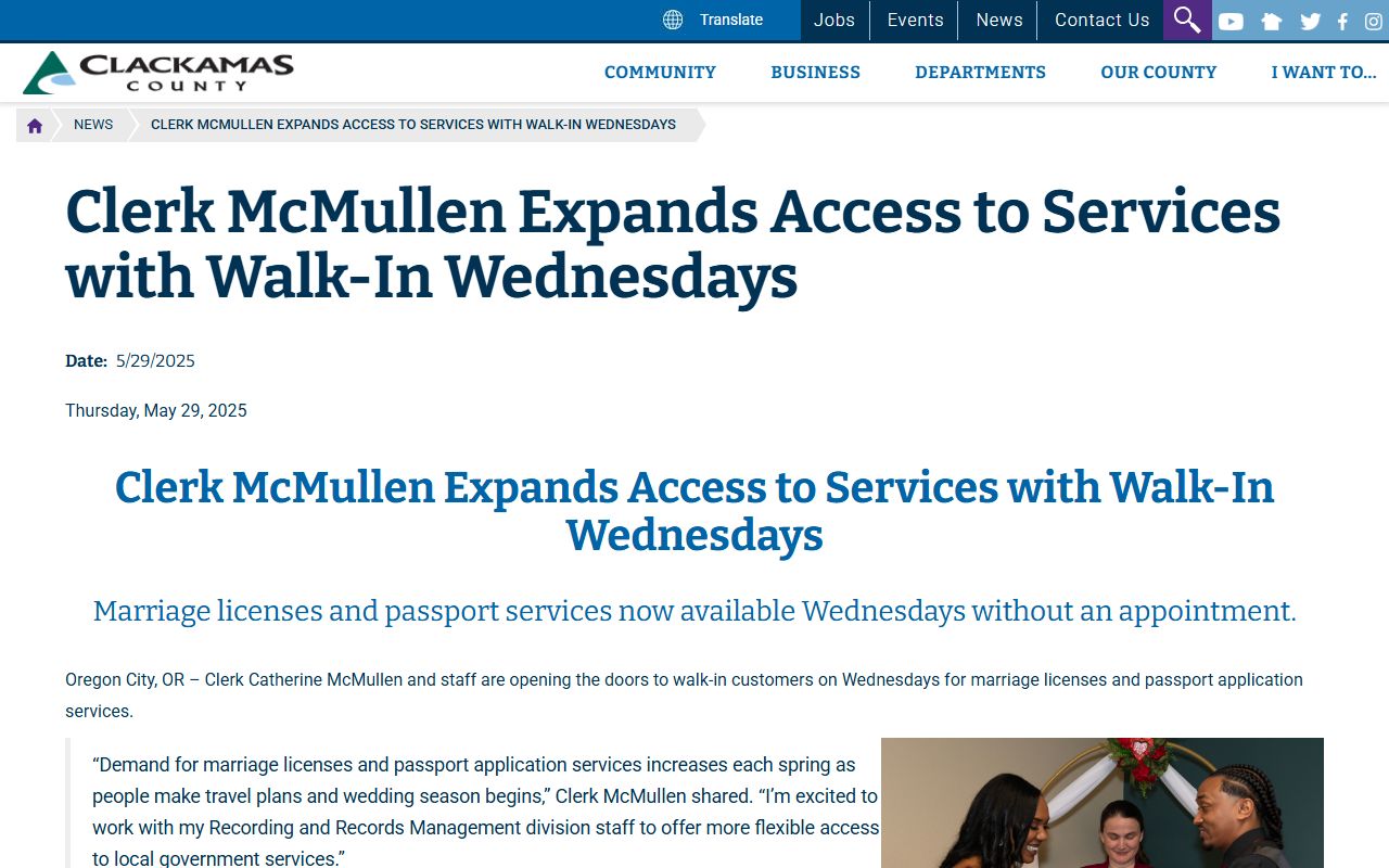 Clackamas County Clerk walk-in Wednesdays news for marriage and passports