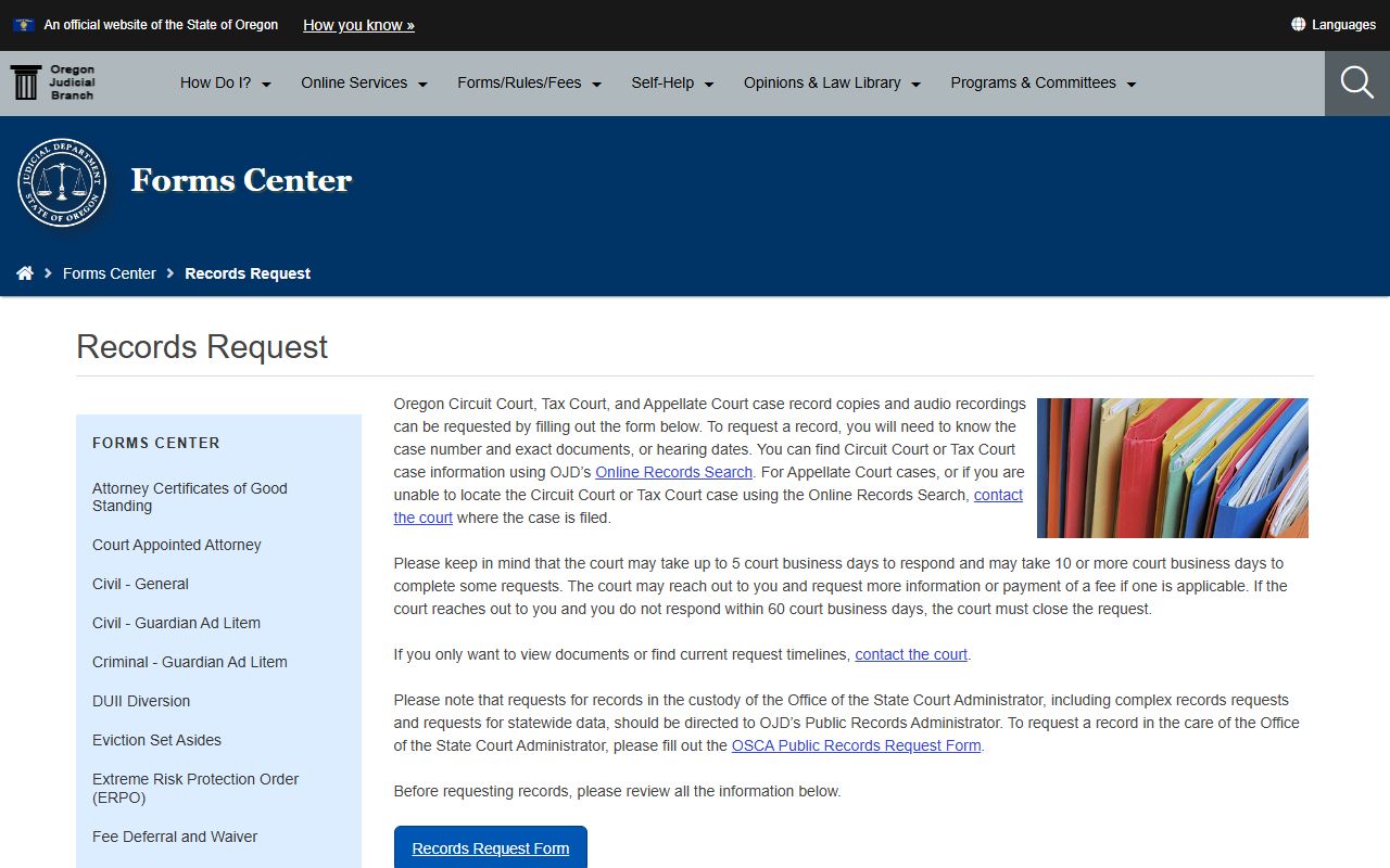 OJD records request page for Clackamas County court records