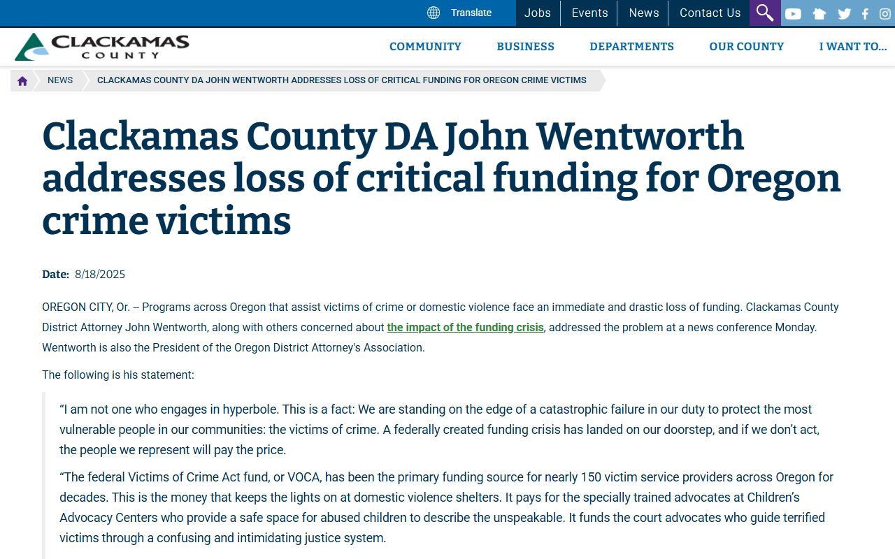 Clackamas County DA crime victim funding news for arrest records context