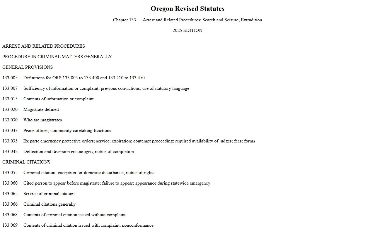 Oregon ORS Chapter 133 arrest and warrant law for Clackamas County arrest records