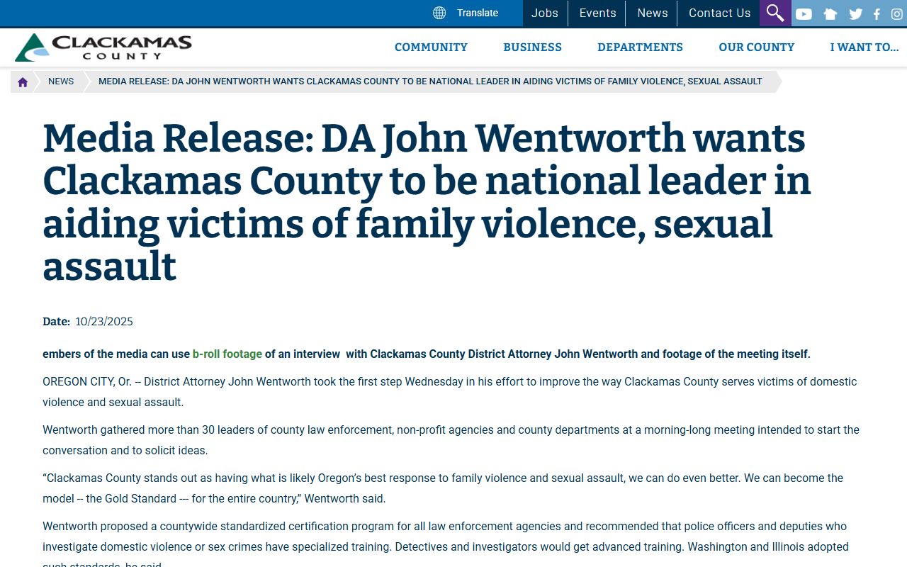 Clackamas County DA family violence and sexual assault victim initiative