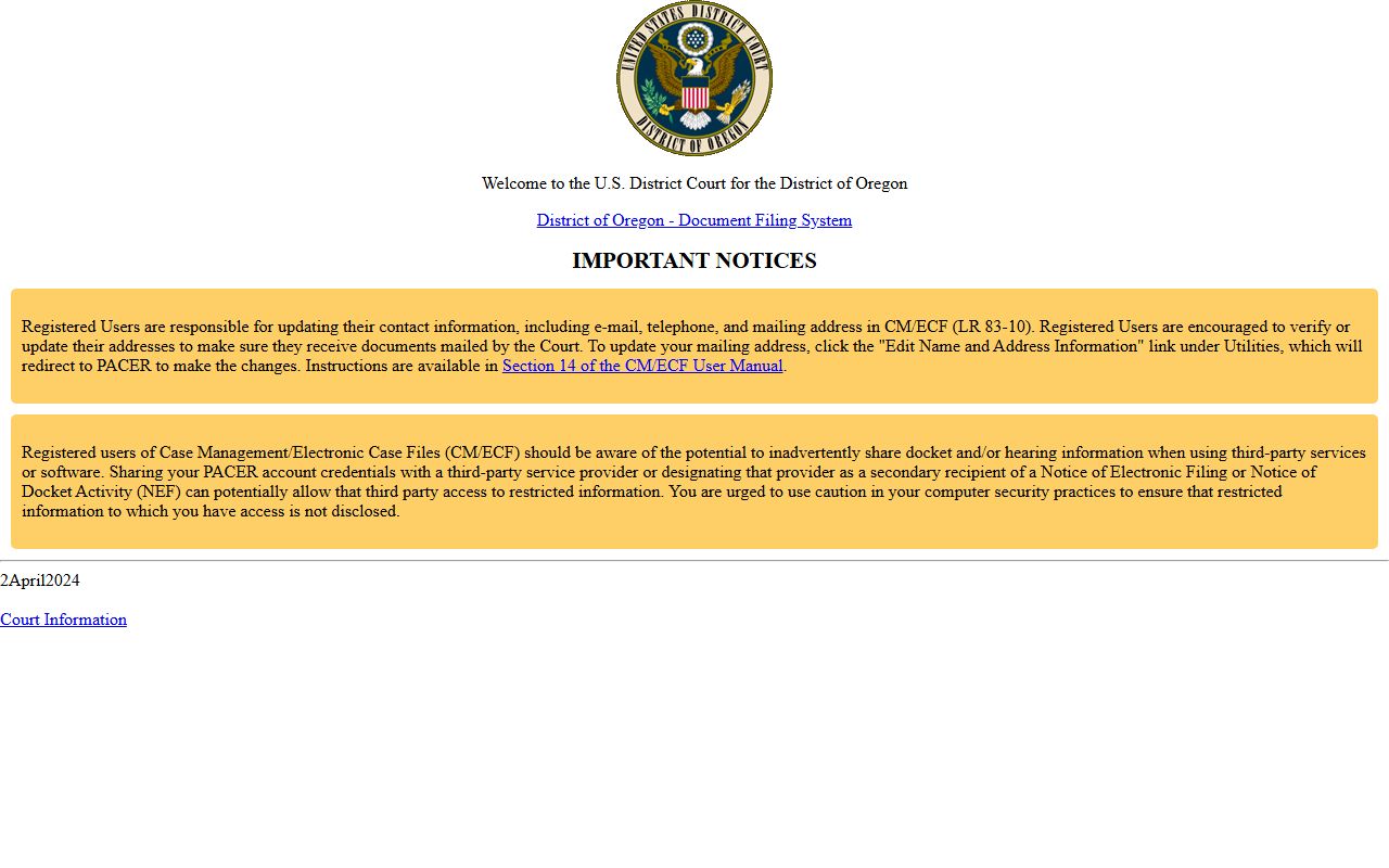 District of Oregon CM/ECF federal docket system