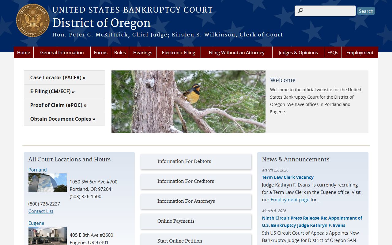 U.S. Bankruptcy Court for the District of Oregon docket page