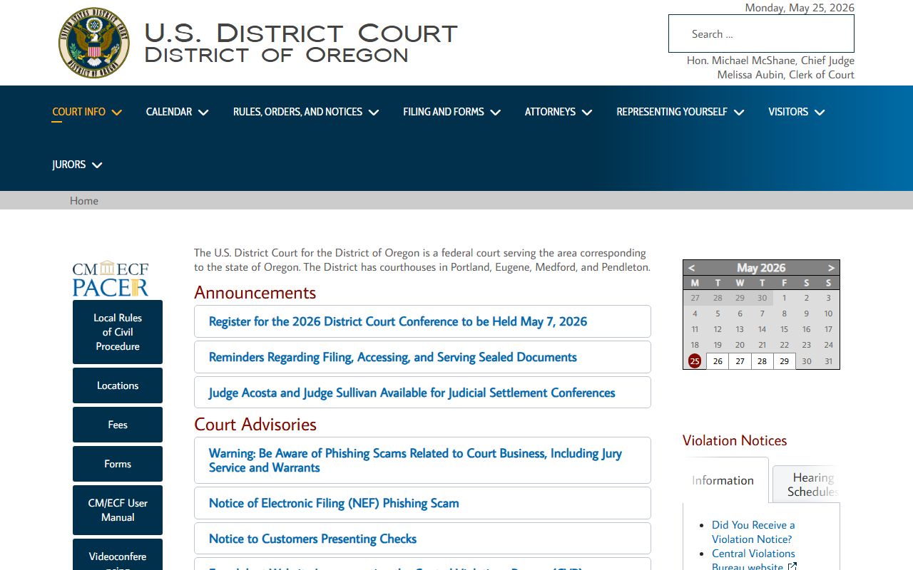 U.S. District Court for the District of Oregon docket access