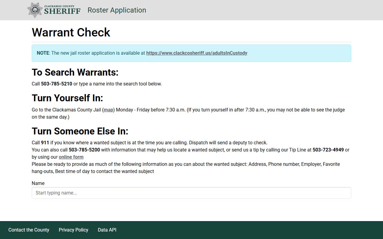 Clackamas County Warrant Check tool for warrant search