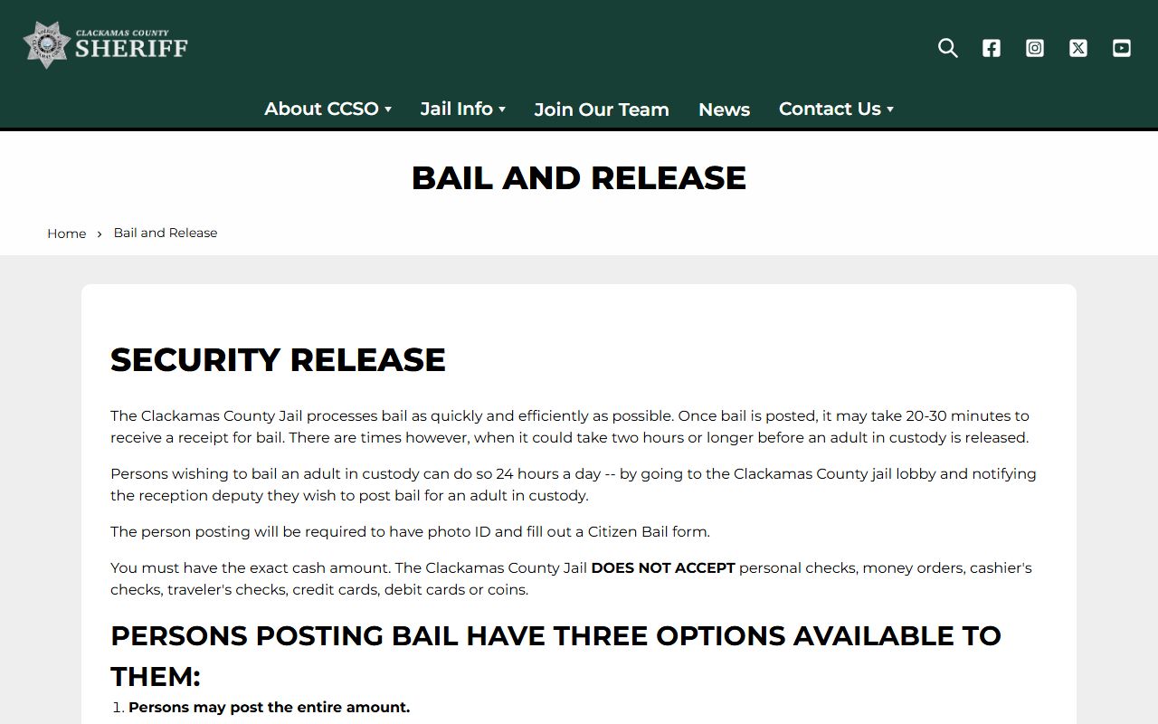 Clackamas County sheriff bail and release page for released inmates
