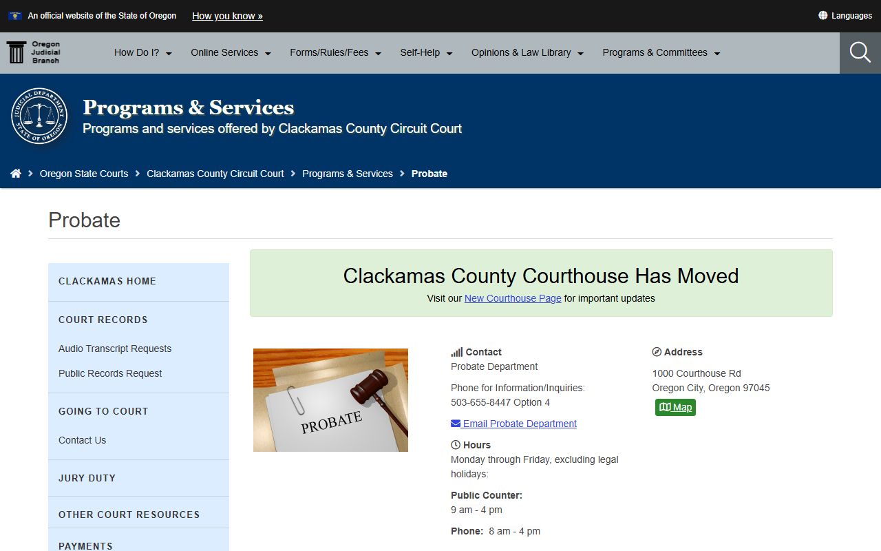Clackamas County Probate Department page for probate records