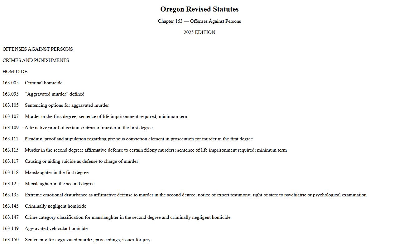 Oregon ORS Chapter 163 person crimes definitions