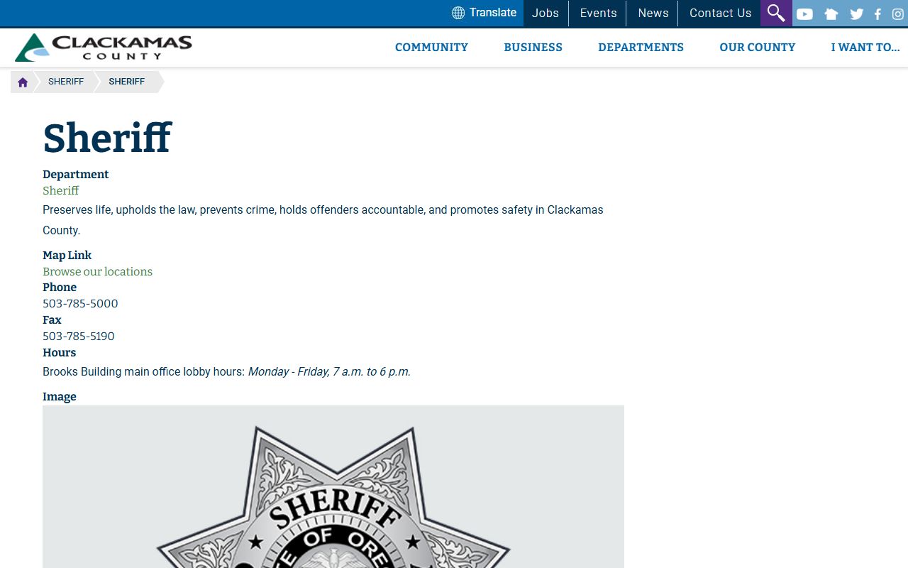Clackamas County Sheriff's Office department listing for warrant questions