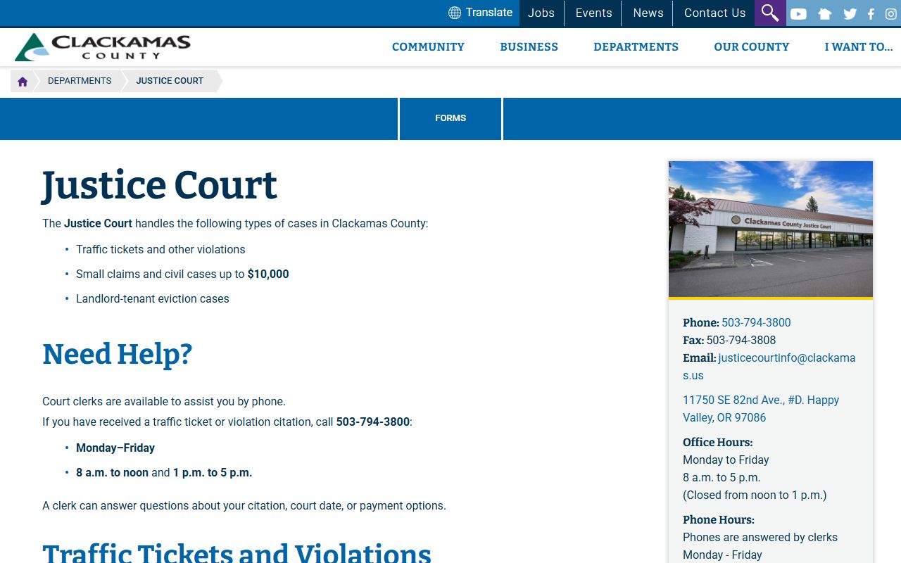 Clackamas County Justice Court page for traffic court records