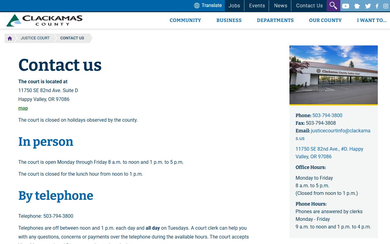 Clackamas County Justice Court contact and hours for traffic records