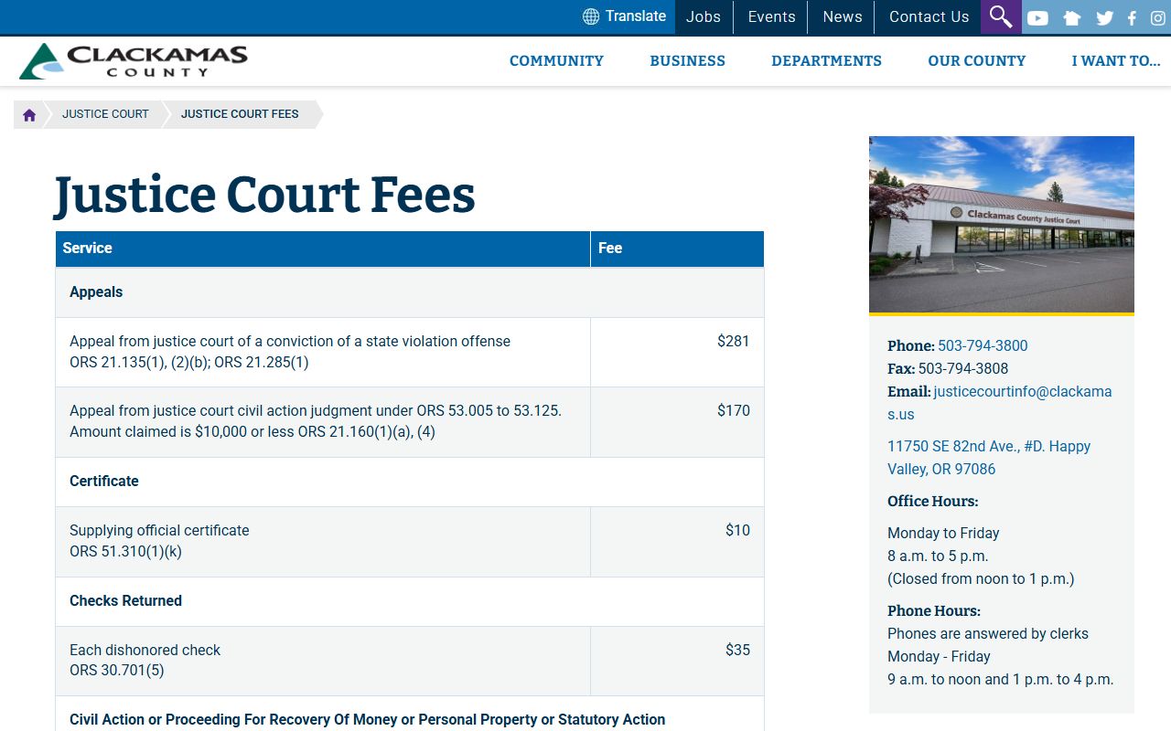 Clackamas County Justice Court fee schedule for traffic records